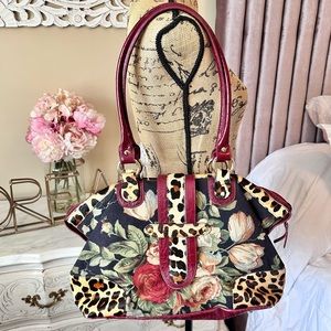 VINTAGE RARE CLEVER CARRIAGE COMPANY CANVAS LEATHER FLORAL SATCHEL BAG LARGE